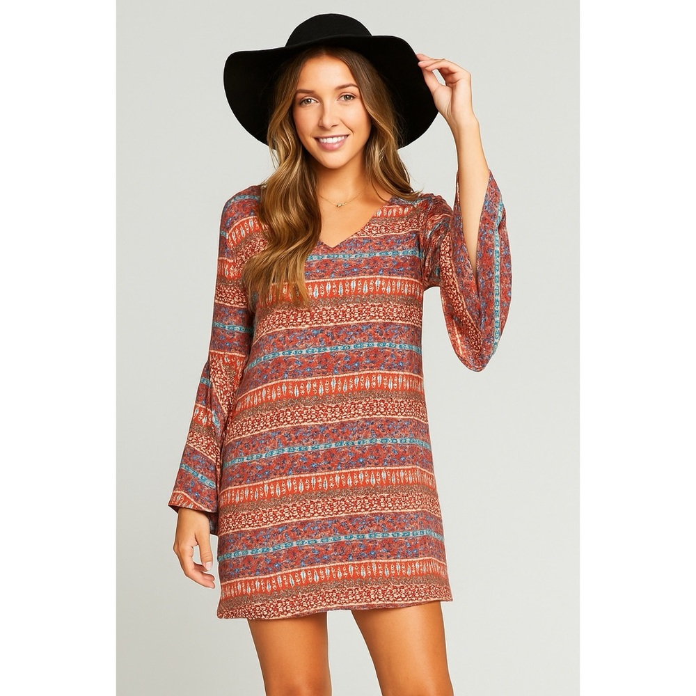 Pink Owl Fall Floral Striped Pattern Long Bell Sleeve Lined Boho Mod Shift Dress